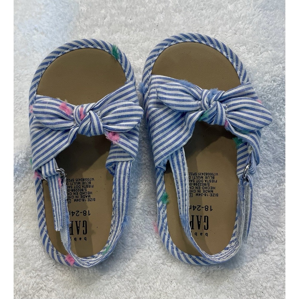 Baby Gap Baby Girl Blue & White Searsucker Bow Sandals Size 18 24‎ Months